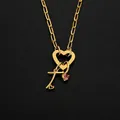 Elegant 14K gold plated stainless steel heart necklace with key and pink crystal charms - Letter T