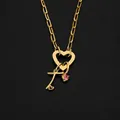 Elegant 14K gold plated stainless steel heart necklace with key and pink crystal charms - Letter T