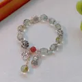Vintage green natural stone bracelet with retro silver cicada and lotus leaf charms - Green Ghost: Cicada Song and Lotus Fragrance