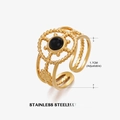 Adjustable gold stainless steel ring with black round stone and sunflower sunburst pattern - Obsidian Style (ZN009-2)