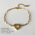 14K gold plated stainless steel paperclip chain bracelet with a heart charm - Hollow Heart Pendant Paperclip Chain (XBL0021-2)