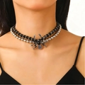 Gothic double layer choker necklace with a large metallic spider pendant for Halloween - Black Silver Double Layer Spider Necklace (X172)