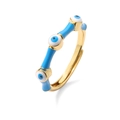 Adjustable gold evil eye open ring featuring blue enamel bamboo segments and nazar beads - Blue
