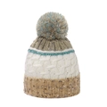 Detail of cable knit beanie showing thick mixed yarn texture and colorful pompom - M(56-58cm) / Brown White & Lake Blue Striped (E)