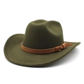 Détail d'un chapeau de cowboy en feutre vert armée avec lanière en cuir et boucle dorée - M (56-58cm) / Vert Militaire