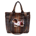 Bolso de lana a cuadros con bordado de perro salchicha y asas de mano dobles - Cuadros Grises