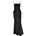 Elegante vestido largo de satén negro sin tirantes con pliegues y corte tipo sirena - S / Negro
