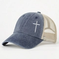 Adjustable washed denim trucker hat with mesh back and side cross embroidery - One Size / Navy Blue