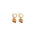 Detail of gold cherry hoop earrings featuring red gemstones and green leaf accents - Gemstone Leaf Cherry (TE60450)