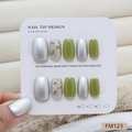 Short square press-on nails in translucent green glitter and metallic silver cat eye style - XS