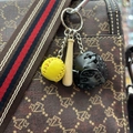 Three-piece baseball keychain with yellow ball, wooden bat, and black leather glove - 2CM Short Bat Yellow Ball Black Glove