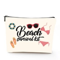 Détail de la trousse de maquillage en lin avec fermeture éclair et motif kit de plage - Kit de Survie à la Plage