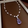 Macro detail of purple gourd pendant with white pearls on a silver necklace chain - Silver Purple Stone Gourd Pearl (25#) / Silver-Champagne-Purple