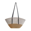 Borsa tote estiva intrecciata beige e gialla con manici sottili in pelle nera e rivetti - Grande / Cachi