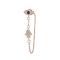 Detailed close-up of rose gold evil eye and Hamsa hand chain earrings with blue stones - Rose Gold