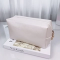 Chic cream white faux leather makeup bag with pearl letters and cross-grain texture - Large / Pearl White