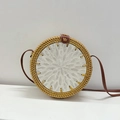 Round rattan crossbody bag with white shell inlay and dark brown leather strap - White Shell