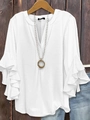 Detailed close-up of white chiffon V-neck blouse featuring elegant layered ruffle sleeves - S / White