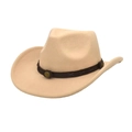 Detail of western wool hat featuring brown leather band and metallic embossed buckles - M (56-58cm) / Beige