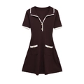 Damen V-Ausschnitt Strickkleid in Dunkelbraun mit weißen Kanten und Metallknöpfen - S / Dunkelbraun