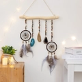 Boho dreamcatcher wall hanging with natural agate slices and gray feathers on a wooden branch - Samba Tribe Wood Stick Style