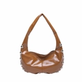 Brown faux leather crescent tote bag featuring stylish silver stud rivets and a glossy finish - Brown