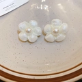 Detailopname van witte stoffen bloemenoorbellen met parels op een keramisch bord - Zilveren Oorknopje Stijl / Wit