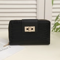 Elegant black crocodile pattern PU leather long wallet with gold hardware clasp - Black