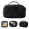 Large capacity black quilted waterproof makeup bag and toiletry case for women - Black (Main Bag And Transparent Pouch)
