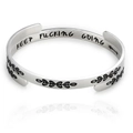 Silver 6mm C-shaped open steel bracelet with leaf pattern and inner text engraving - Silver JE0028-KEEP FUCKING GOING