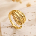 18K gold plated geometric open ring with sparkling zircon rows on a beige stone base - 14215-Multi-row Zirconia