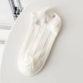 Calcetines crema de corte bajo con volantes y diseño de flores rosas - Talla única / Puro Algodón Floral