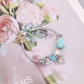 Silver beaded bracelet featuring blue glass charms and heart pendant with angel wings - Blue Ferris Wheel Style (1#)