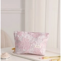 Pink floral jacquard makeup bag with relief texture and H&R BAG label on white tray - Large / Floral Peach Pink