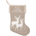 Calza natalizia in lino beige con motivo di renne bianche e ricamo Merry Christmas - Stile Alce