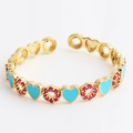 Adjustable golden open ring with blue heart enamel and pink zircon stone circles - Heart Sky Blue