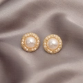 Elegant gold finish round stud earrings with a large white pearl and small pearl halo - 36# Geometric Round Pearl Studs