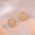 Golden sunflower stud earrings featuring sparkling white zircon crystals on silk fabric - Snowflake Earrings (E0674) / Gold