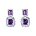 Elegant silver earrings featuring a rectangular purple gemstone with double crystal halo - Violet