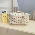Cream quilted cosmetic bag with vintage floral bear pattern and dual zippers - Flower Bear
