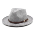 Classic gray wool fedora hat with a brown woven leather band and gold buckle detail - M (56-58cm) / Light Heather Grey