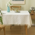 Beige cotton linen tablecloth with white daisy pattern and cream fringe edges - Daisy