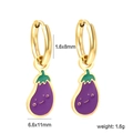 Detailed view of gold hoop earrings with purple eggplant charms and dimension markers - Eggplant Style (EA56180CG)