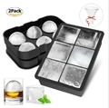 2-Pack black silicone ice mold set featuring 6 large square and 6 round sphere cavities - 6-Square (with lid) + 6-Sphere (with small funnel) Black
