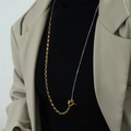 Two-tone gold and silver asymmetric chain necklace with OT toggle clasp on model - 80cm / Gold & Silver