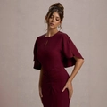 Slim fit burgundy midi dress with cape sleeves and elegant waist ruching details - S / Burgundy