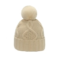 Classic beige knit beanie with large faux fur pompom and textured pattern for autumn winter - M (56-58cm) / Beige