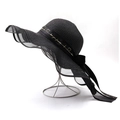Detail of black wide-brim straw hat with mesh edge and love you forever ribbon - Black