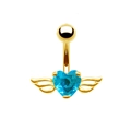 Piercing de nombril doré avec zircon cœur bleu et ailes d'ange sur fond blanc - Plaqué Or Zirconium Bleu