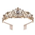 Elegant gold bridal tiara with vintage scroll patterns and dark crystal embellishments - Gold Base Grey Rhinestone